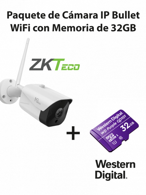 ZKTECO NGTECO C401 With SD Card NGTECO NGC401PAK - Paquete de Camara NGC401 IP Bullet WiFi 1080P con Memoria de 32GB Micro SDHC/ Linea Purple/ Clase 10 U1