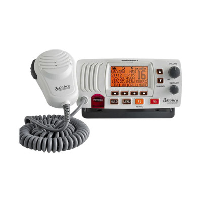 COBRA MRF57W Radio movil marino VHF clase D con funcion de megafonia y grabador automatico de 20 segundos de audio recibido. cuenta con los canales Internacionales de Canada y Estados Unidos