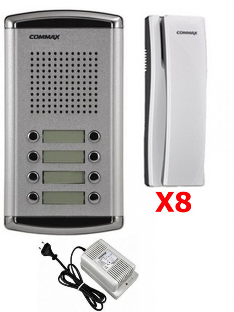 COMMAX DR-8AM(AP) COMMAX DR8AMAP - Kit de frente de calle de audio DR8AM para 8 apartamentos incluye 8 auriculares DPSS y fuente de energia RF1A de 12VDC/ Soporta funcion de apertura de puerta