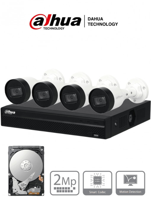 DAHUA DH-KIT/NVR1104HS-P-S3/H-1T/4-HFW1230S1P-0280B-S5-QH2 DAHUA KITNVR1104HS-P4C1TB- Kit IP de 4 Canales de 2MP/ NVR con 4 Puertos PoE/ Disco Duro de 1TB/ 4 Camaras Bullet de 2 Megapixeles con IR de
