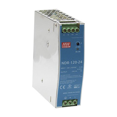 MEANWELL NDR-120-24 Fuente de poder industrial de 120 W salida 24 Vcc entrada 90264 VCA para montaje en riel DIN