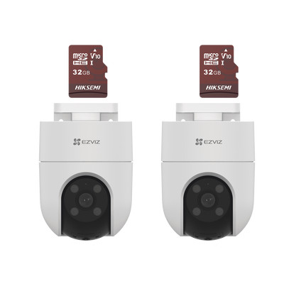 EZVIZ CS-H8C/KM2 Kit de Camaras WiFi Incluye 2 Piezas CS-H8C y 2 Piezas HS-TF-E1/32G / Audio de Dos Vias / Deteccion de Movimiento / Luz Estroboscopica / Sirena / Uso en Exterior con Proteccion