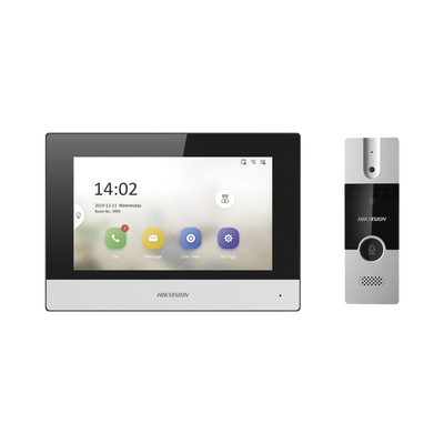 HIKVISION DS-KIS302-P Kit de Videoportero Analogico / IP a 4 Hilos con Funcion de Llamada a App Hik-Connect / Monitor se Conecta a Internet por Cable o WiFi y por 4 Hilos al Frente de Calle / Expandib
