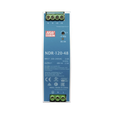 MEANWELL NDR-120-48 Fuente de poder industrial de 120 W salida 48 Vcc entrada 90264 VCA para montaje en riel DIN