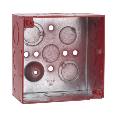 RACO HUB-911-3 Caja Cuadrada Galvanizada de 4" /Profundidad de 2 1/8" / Cuenta con 11 KO de 1/2" y 6 TKO (1/2" - 3/4")/ Color Rojo.