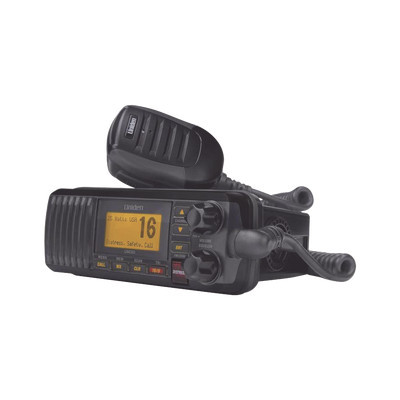 UNIDEN UM-385BK Radio Movil Marino VHF color negro 25 W de potencia sumergible IPX4 rango de frecuencia.: Tx: 156.025-157.425 MHz Rx: 156.050-163.275 MHz. incluye microfono y cable de alimentacion