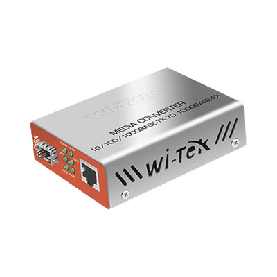 WI-TEK WI-MC-111GP Convertidos de medios / 1 puerto RJ45 100/1000 Mbps PoE Out 802.3af/at / 1 SFP 1000Mbps / hasta 25 Km