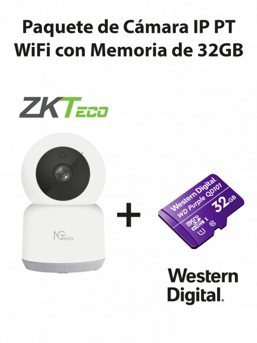 ZKTECO ZKT0150005 NGTECO NGC2401PAK - Paquete de Camara NGC1201 IP PT WiFi 1080P con Memoria de 32GB Micro SDHC/ Linea Purple/ Clase 10 U1