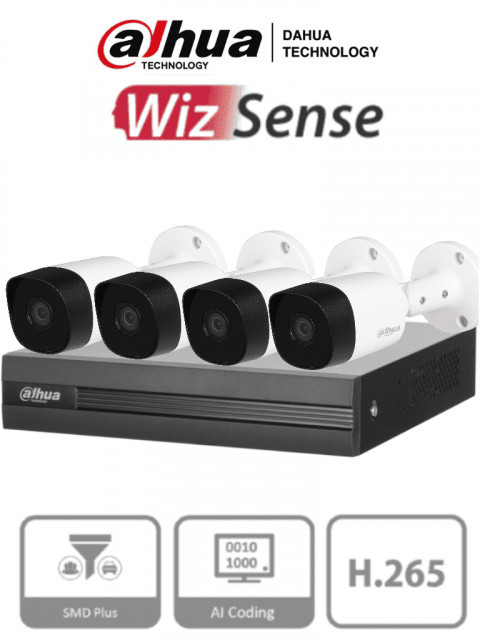 DAHUA DH-KIT/XVR1B04H-I/4-B2A51N-0280B-S2 DAHUA KITXVR1B04H-I4B2A51 - Kit de 4 Canales de 5 Megapixeles/ DVR Cooper-I WizSense/ Con IA/ H.265/ 4 Camaras B2A51 Metalicas/ 4 Canales 1 IP o Hasta 5 Cana