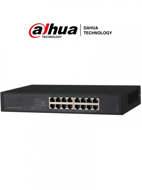 DAHUA DH-PFS3016-16GT DAHUA DHPFS301616GT - Switch Gigabit de 16 Puertos No Administrable/ Capa 2/ 10/100/1000 Base-T/ Carcasa Metalica/ Switching 32G/ Tasa de Reenvio de Paquetes 23.8 Mbps/ Memoria B