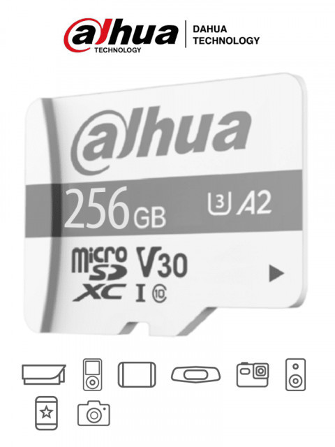 DAHUA DHI-TF-P100/256G DAHUA TF-P100/256G - Dahua Memoria Micro SD de 256 GB UHS-I/ C10/U3/V30/A2/ Velocidad de Lectura 100 MB/s/ Velocidad de Escritura de 80 MB/s/ Especializada para Videovigilancia