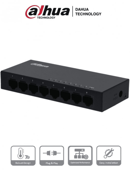 DAHUA DH-PFS3008-8GT DAHUA PFS3008-8GT - Switch Gigabit de 8 Puertos No Administrable/ Capa 2/ 10/100/1000 Base-T/ Carcasa Metalica/ Diseno Compacto/ Switching 16G/ Tasa de Reenvio de Paquetes 11.9 Mb