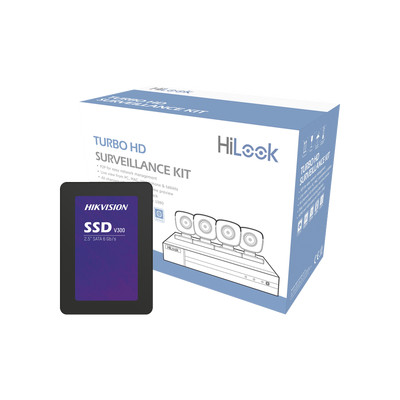 HiLook by HIKVISION HL24LQKITS-M(B)/512GB KIT TurboHD 1080p SSD de 512 GB / DVR 4 canales / 4 Camaras Bala de Metal / Fuente de Poder / Accesorios de Instalacion