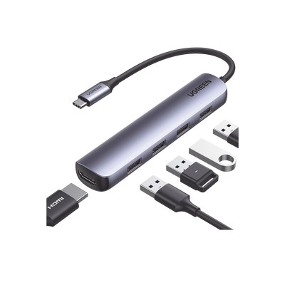 UGREEN 20197 HUB USB-C Multipuertos / 4 Puertos USB-A 3.0 / HDMI 4K30Hz / USB 3.0 a 5Gbps / Chip Inteligente Incorporado / 5 en 1 / Carcasa de Aluminio.