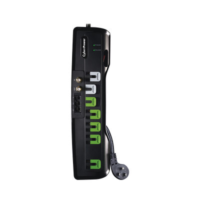 CYBERPOWER CSHT706TC Multicontacto Con Supresor de Picos Voltaje de Entrada 125 Vca NEMA 5-15P Con 7 Salidas NEMA 5-15R 1950 Joules Proteccion RJ11 y Coaxial RG6