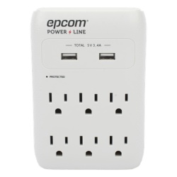 EPCOM POWERLINE EPLSPWUSB Multicontacto de Pared / Supresor de Picos 1080 J / 6 x NEMA 5-15R / 2 x USB 5V@3.4A / 1800W / 15A / Filtro EMI/RFI 40dB
