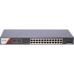 HIKVISION DS-3E1526P-SI-24P2F Switch PoE+ Administrable / 24 Puertos Gigabit / 2 Puertos SFP / PoE Extendido 250 m (820.2 ft) / 370 W / Tasa de Reenvío 36.688 Mpps