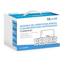 HiLook by HIKVISION HL-1080-PS4 (MICROFONO Integrado) Kit TurboHD 1080p Lite / DVR 4 canales / Audio por Coaxitron / 4 Camaras Bala de Policarbonato con Microfono Integrado