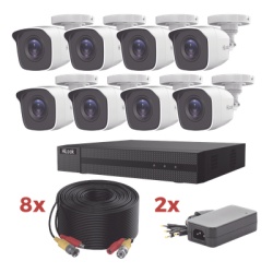 HiLook by HIKVISION HL1080P8B Kit TurboHD / DVR 8 Canales 1080p Lite / 8 Camaras bala 1080p metalicas / 8 cables de 20 metros / 2 fuentes de 4 canales