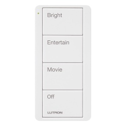 LUTRON ELECTRONICS PJ24BGWHP01 Control Pico inalambrico de 4 botones con escenas grabadas para sala (Bright Entertain Movie y Off) compatible con Caseta Wireless y RA2 Select blanco brillante