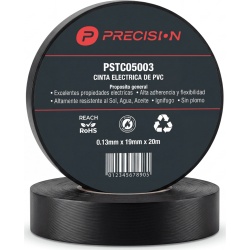 PRECISION PST-C050-03 Cinta de Aislar de Vinilo PVC / Uso General / Espesor 0.13 mm / Ancho 19 mm / 20 m de Largo / Color Negro