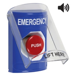 STI SS24A4EM-EN Boton Multiproposito Color Azul De Superficie Con Tapa De Policarbonato Con Bocina Pre Alarma Para Interior Momentaneo Texto De Emergency Ingles