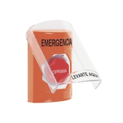 STI SS25A2EM-ES ?Boton Multiproposito Color Naranja De Superficie Con Tapa De Policarbonato Con Bocina Pre Alarma Solo Interior Llave Para Restablecer Texto De Emergencia Espanol