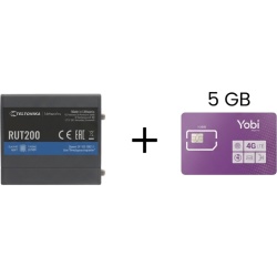 Teltonika RUT200+5GBYOBI Router Celular Industrial / 4G LTE Cat 4 150 Mbps / Wi-Fi 2.4 GHz / Operación -40°C a 75°C / 2 Puertos Ethernet / Gestión RMS