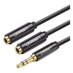 UGREEN 20816 Cable Adaptador/Divisor de Audio de 3.5mm Macho a 2 Terminales de 3.5mm Hembra / 25 cm de Longitud / Cable TPE / Color Negro