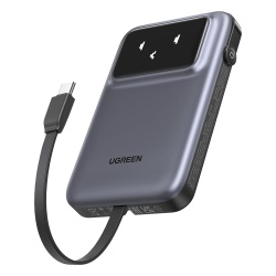 UGREEN 35603B Power Bank Serie Uno | 10000mAh | 30W | con Cable USB-C Incorporado | 2 Salidas 30W Max. | Pantalla Inteligente | Carcasa Ignifuga | Aprobado por Aerolineas.| Color Grey.