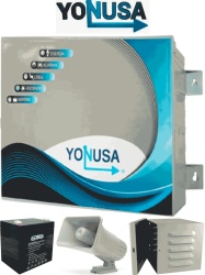 YONUSA YON1250016 YONUSA EY10000127AFBAT - Paquete de energizador anti plantas o alta frecuencia de 10 00V con hasta 10 000 mts lineales incluye bateria de respaldo de 12VDC a 4.5 AH sirena de 30W