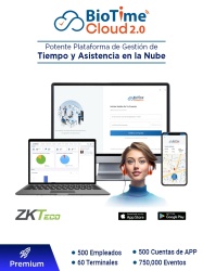 ZKTECO ZKT0820150 ZKTECO BIOTIMECLOUDPREMIUM - Licencia de Asistencia en la Nube para 500 Empleados 60 Terminales 750 000 Eventos y 500 Cuentas de App Suscripcion por un Ano