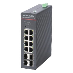 HIKVISION DS-3T1512HP-SI-8P4F Switch Industrial Administrable PoE+ / 8 Puertos Gigabit PoE+ (4x90W + 4x30W) / 4 Puertos SFP / 300W Total / 300 m Alcance / -40°C a 75°C / 984 pies de Distancia