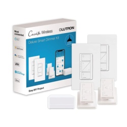 LUTRON CASETA WIRELESS PBDGPKG2W Kit de inicio de iluminacion inteligente con hub Smart Bridge 2 atenuadores de pared sin neutro 2 controles Pico con pedestal de mesa y 2 placas Caseta Wireless