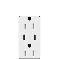 LUTRON ELECTRONICS CAR15CCTRWH Tomacorriente Receptáculo / 120V / 15A / Obturador de Seguridad / Perfil Delgado 7.6 mm / USB-C PD 55W / Color Blanco