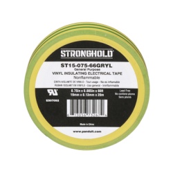 PANDUIT ST15-075-66-GRYL Cinta Electrica STRONGHOLD para Aislar de PVC Uso Construccion General en Tierras Fisicas Grosor de 0.13 mm (5 mil) Ancho de 19.05 mm y 20.12 m de Largo Color Amarillo/Verde.