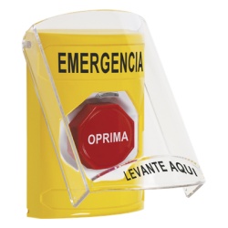 STI SS22A2EM-ES ?Boton Multiproposito Color Amarillo De Superficie Con Tapa De Policarbonato Con Bocina Pre Alarma Solo Interior Llave Para Restablecer Texto De Emergencia Espanol