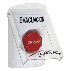 STI SS2322EV-ES Boton de Evacuacion Texto en Espanol Tapa Protectora de Policarbonato Super Resistente Restablecimiento con Llave