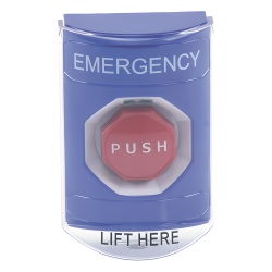 STI SS24A2EM-EN Boton Multiproposito Color Azul De Superficie Con Tapa De Policarbonato Con Bocina Pre Alarma Para Interior Llave Para Restablecer Texto De Emergencia Ingles - Img 2