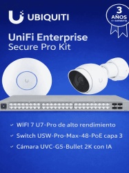 UniFi UNI4550001 UBIQUITI UniFi Enterprise Secure Pro Kit - Solucion integral con U7-PRO WiFi 7 alto desempeno switch USW-PRO-MAX-48-POE con PoE y capa 3 integracion de videovigilancia UVC-G5-Bullet