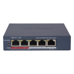 HIKVISION DS-3E1105P-EI/M Switch PoE+ Monitoreable / 4 Puertos 10/100 Mbps PoE+ / 1 Puerto Uplink 10/100 Mbps / Alcance Extendido 300 m (984.3 ft) / 45 W / Gestión Web y Nube