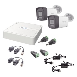 HiLook by HIKVISION HL-1080P-2B-TWA Kit HiLook Audio Bidireccional TurboHD 1080p / DVR 4 Canales / 2 Camaras Bala (Exterior) con Bocina y Microfono Integrado / 2 Fuentes de Poder / Accesorios