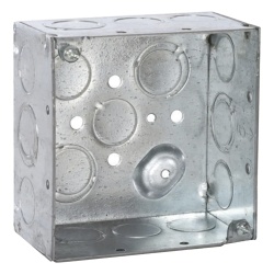 RACO HUB-232 Caja Cuadrada Galvanizada de 4" x 4" profundidad de 2 1/8". Cuenta con 10 KO de 1/2" y 6 TKO (1/2" - 3/4"))