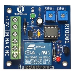 Ruiz Electronics RTOD01 Tarjeta Temporizadora RTOD01 / Retardo 0-60 segundos / Duracion 0-60 segundos / Alimentacion 12VDC / Salida Relevador NA-NC-C / Indicadores LED