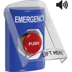STI SS24A4EM-EN Boton Multiproposito Color Azul De Superficie Con Tapa De Policarbonato Con Bocina Pre Alarma Para Interior Momentaneo Texto De Emergency Ingles