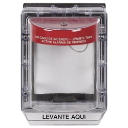 STI STI-1155-ES Cubierta Protectora de Policarbonato Serie Stopper IIÃ† Con Bocina Con Espaciador Montaje Empotrado Etiqueta en Espanol IP54
