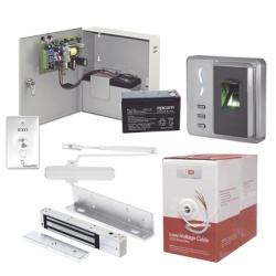 Syscom ACCESSKIT2P Sistema Completo de Acceso Incluye Lector Biometrico Chapa magnetica con bracket Cierra puerta Boton de Salida Cable " Gratis " y fuente profesional con Bateria