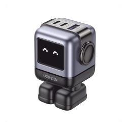 UGREEN 15570B Cargador RobotGaN de 65W Serie UNO | 3 Puertos de Carga Rapida | 2 USB-C | 1 USB-A | PD 3.0 | QC 4.0 | Carga Inteligente | Tecnologia GaN II | Zapato Magnetico Extraible | Carcasa Ignifu