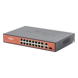 WI-TEK WI-PS518G Switch PoE (802.3af/at/bt) / No administrable de largo alcance / Hasta 250m / 16 x 10/100Mbps (PoE) + 2 x 100/1000Mbps + 1 x SFP / 200 W
