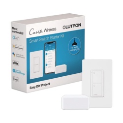 LUTRON CASETA WIRELESS PBDGPKG1WS Kit de inicio Caseta Wireless con hub Smart Bridge interruptor on/off inteligente de 5 A con neutro y placa Claro control por app y asistentes de voz